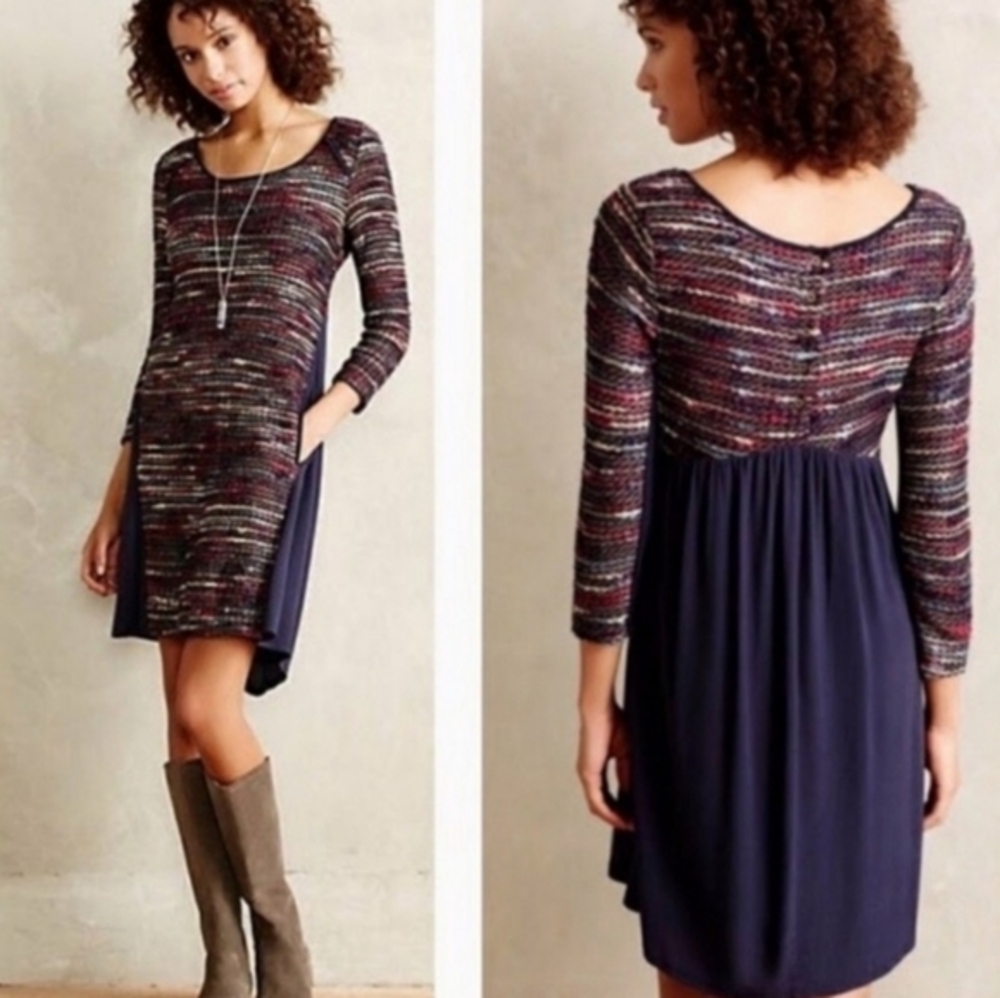 Anthropologie‎ Maeve Dress Women's XSmall Boucle Colorful Knit Pockets Navy